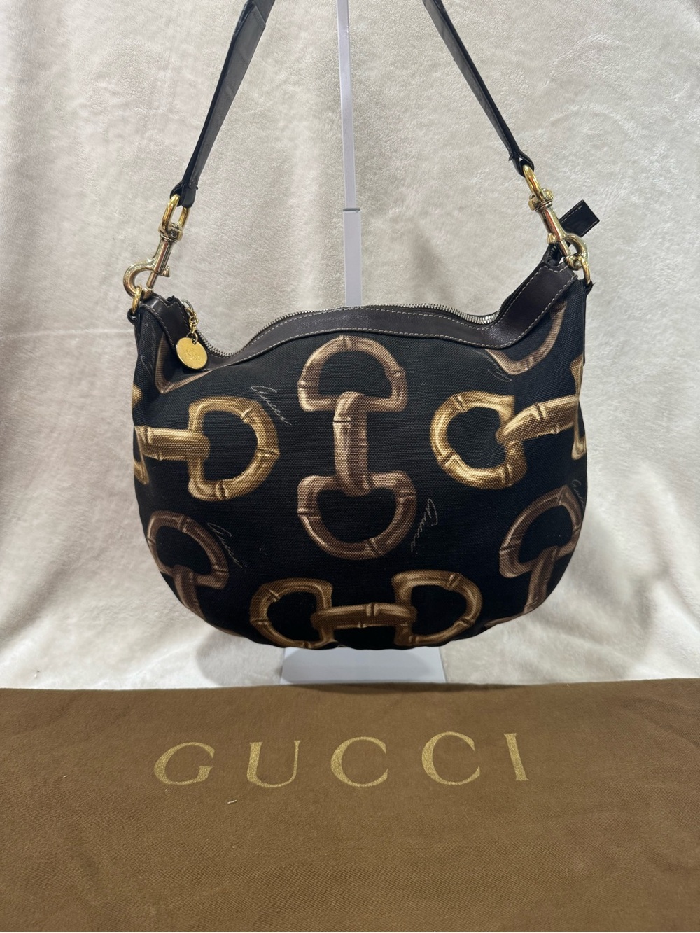Gucci Black & Gold Horsebit Print Shoulder Hobo Bag